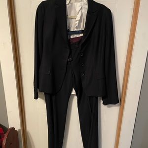 Navy blue, with thin pink pinstripe, Tahari pant suit.